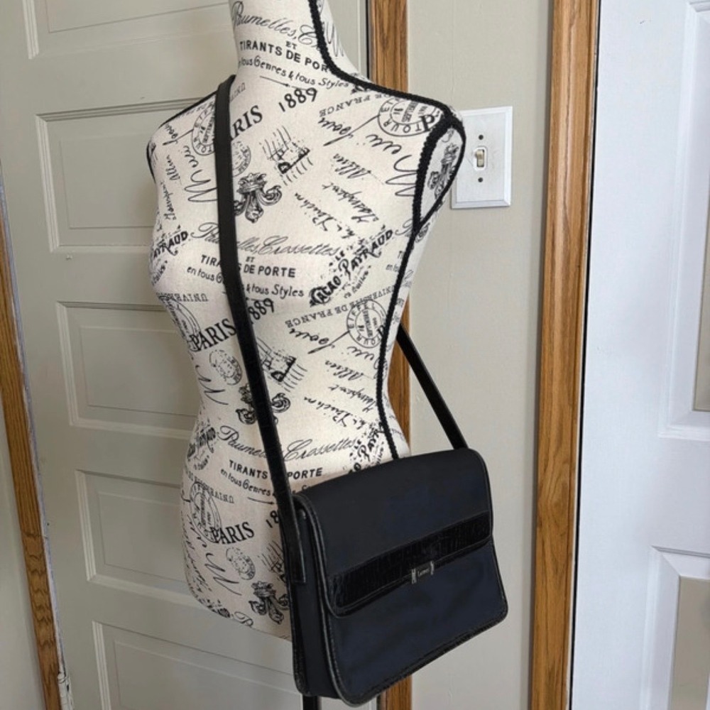Lauren Ralph Lauren Black Nylon Croc Trim Crossbody Flap Bag Silver Logo Plaque - Picture 2 of 15